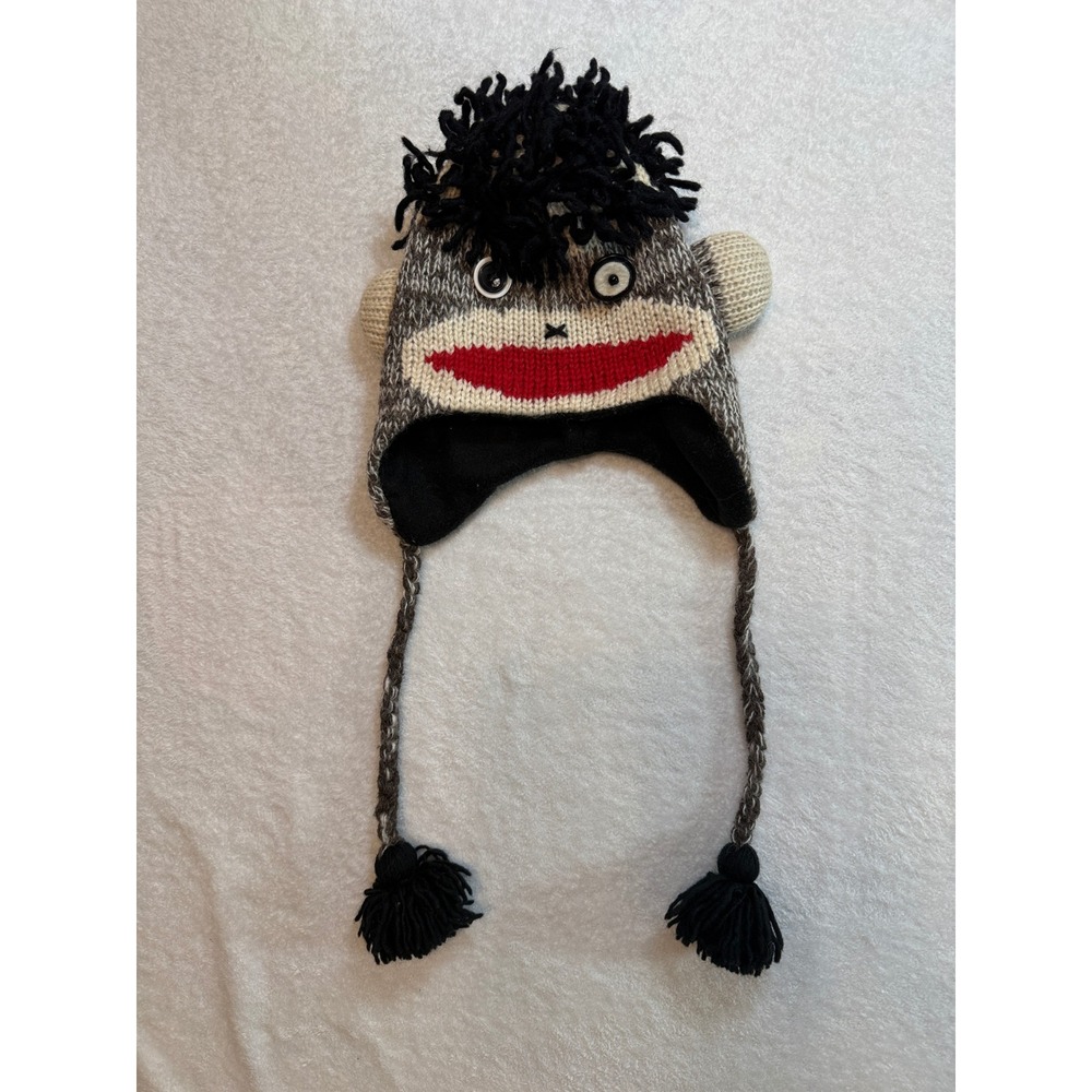 Sock Monkey Wool Beanie Earflap Hat Fleece Lined Nepal Handmade Gray Brown